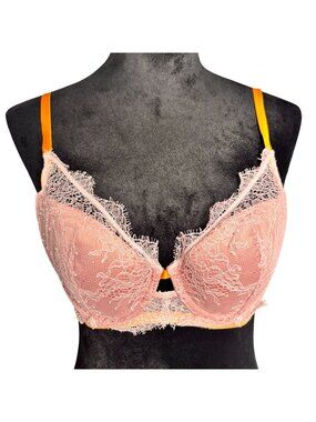 Victoria's Secret Lace Plunge Bra 36C Pink Peach Lightly Lined Underwire
